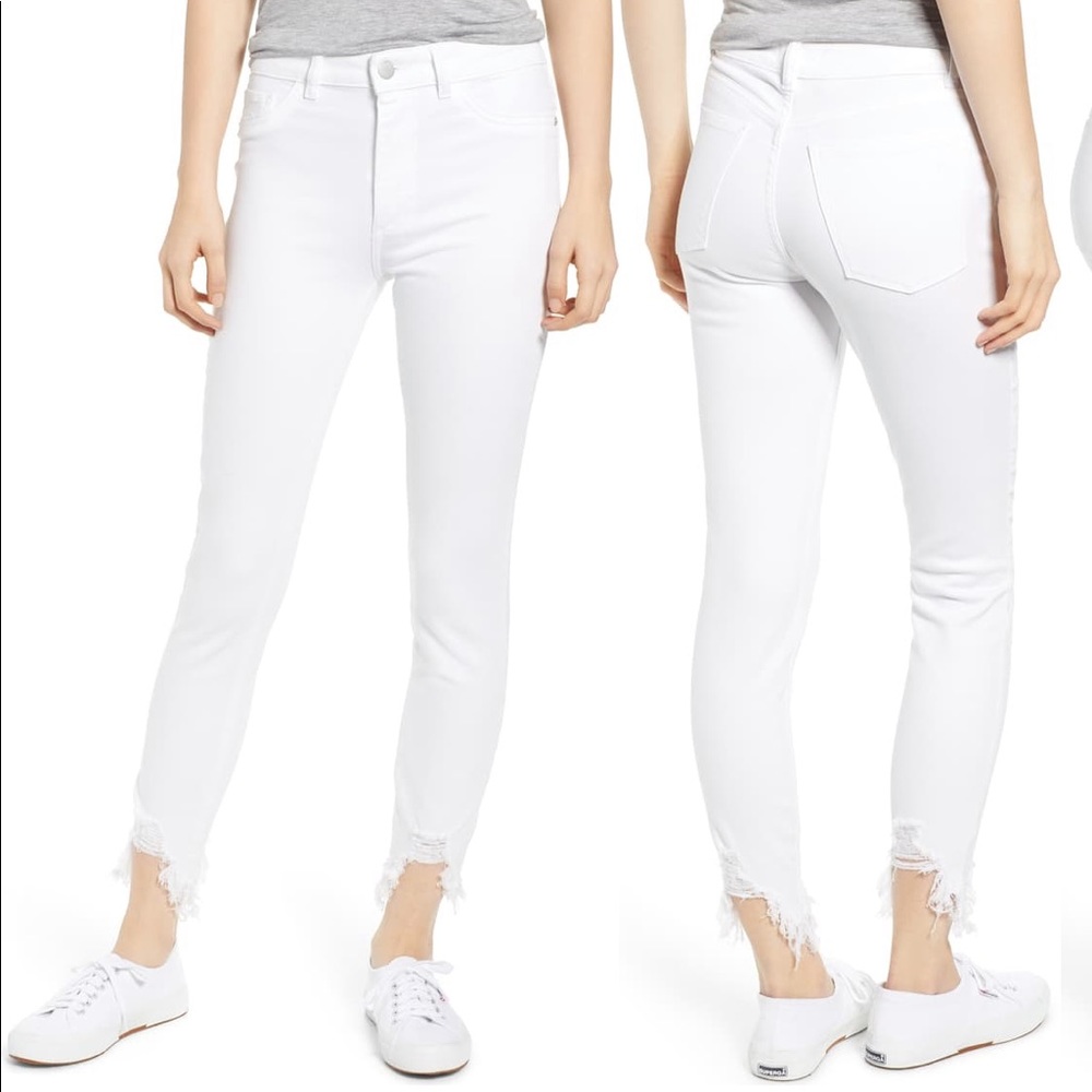 DL1961 Ultra High Waist Raw Hem White Jeans